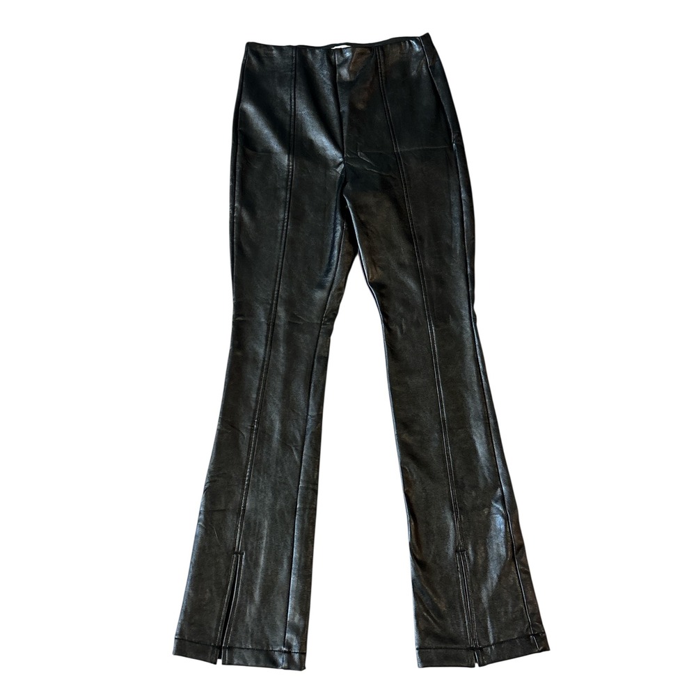 BP Black Faux Leather Flare Pants Elastic Waist Split Hem‎ Size S